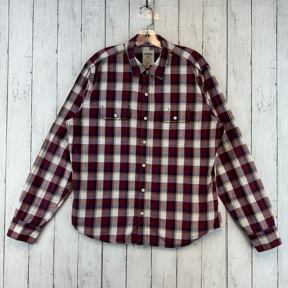 Fossil 54 Plaid Western Pearl Snap Long Sleeve Button Down Shirt Size Large - Picture 1 of 12